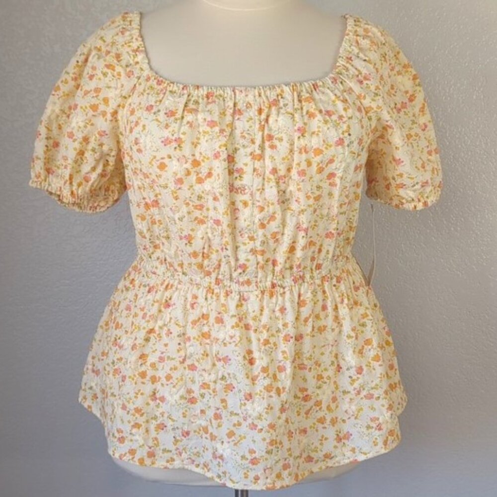 Sweet Rain XXL Peplum Blouse Light Yellow Floral Puff Sleeves